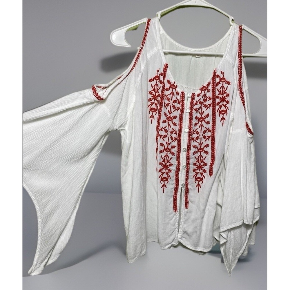 Boho Embroidered Jennifer & Grace Womens Cold Shoulder Top Cotton S‎ Red